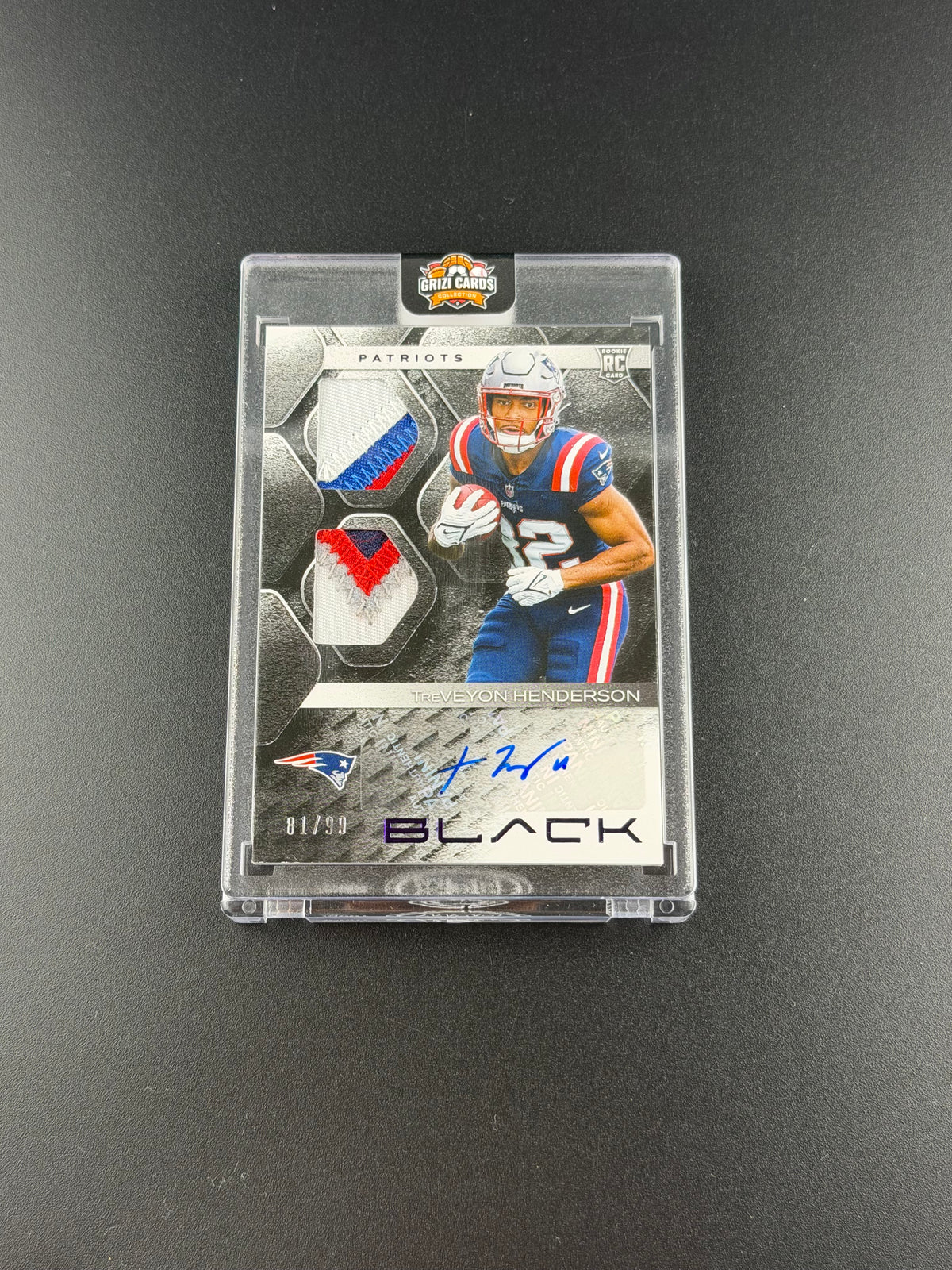 TreVeyon Henderson – 2025 Panini Black Football – Rookie Patch Autograph – /99