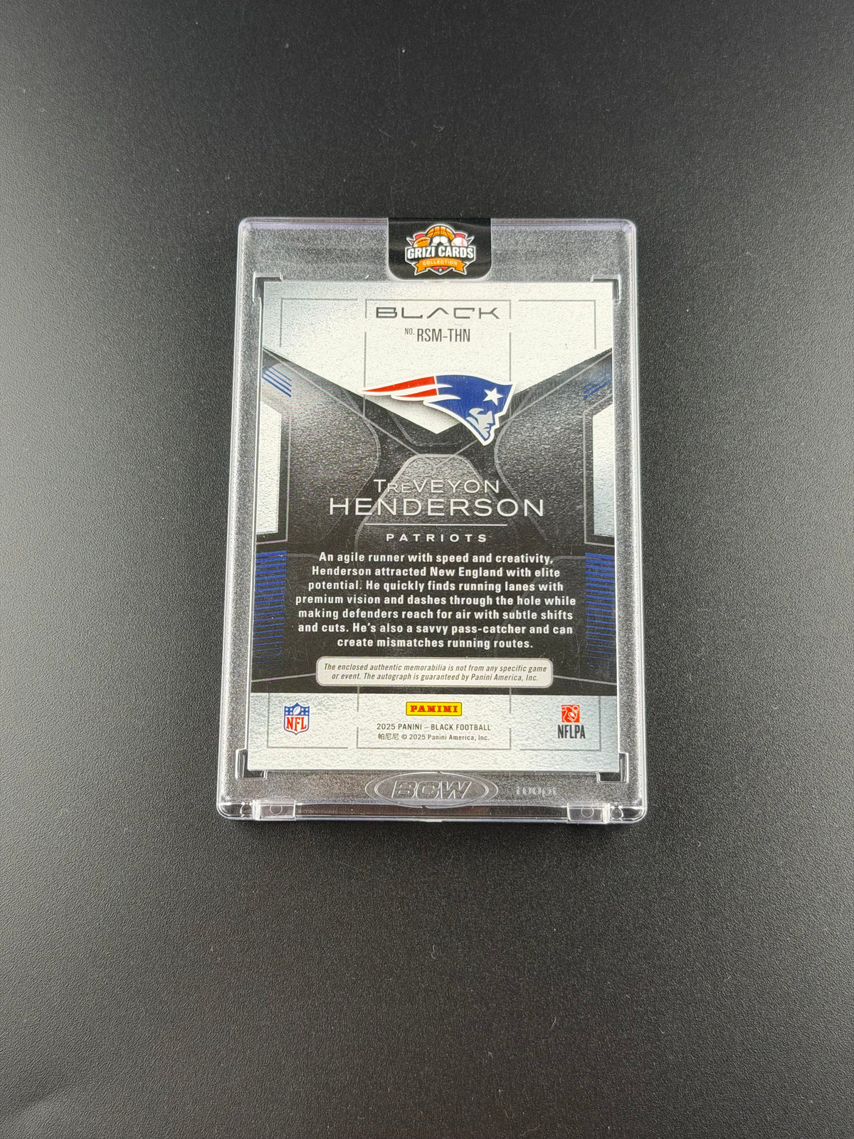 TreVeyon Henderson – 2025 Panini Black Football – Rookie Patch Autograph – /99